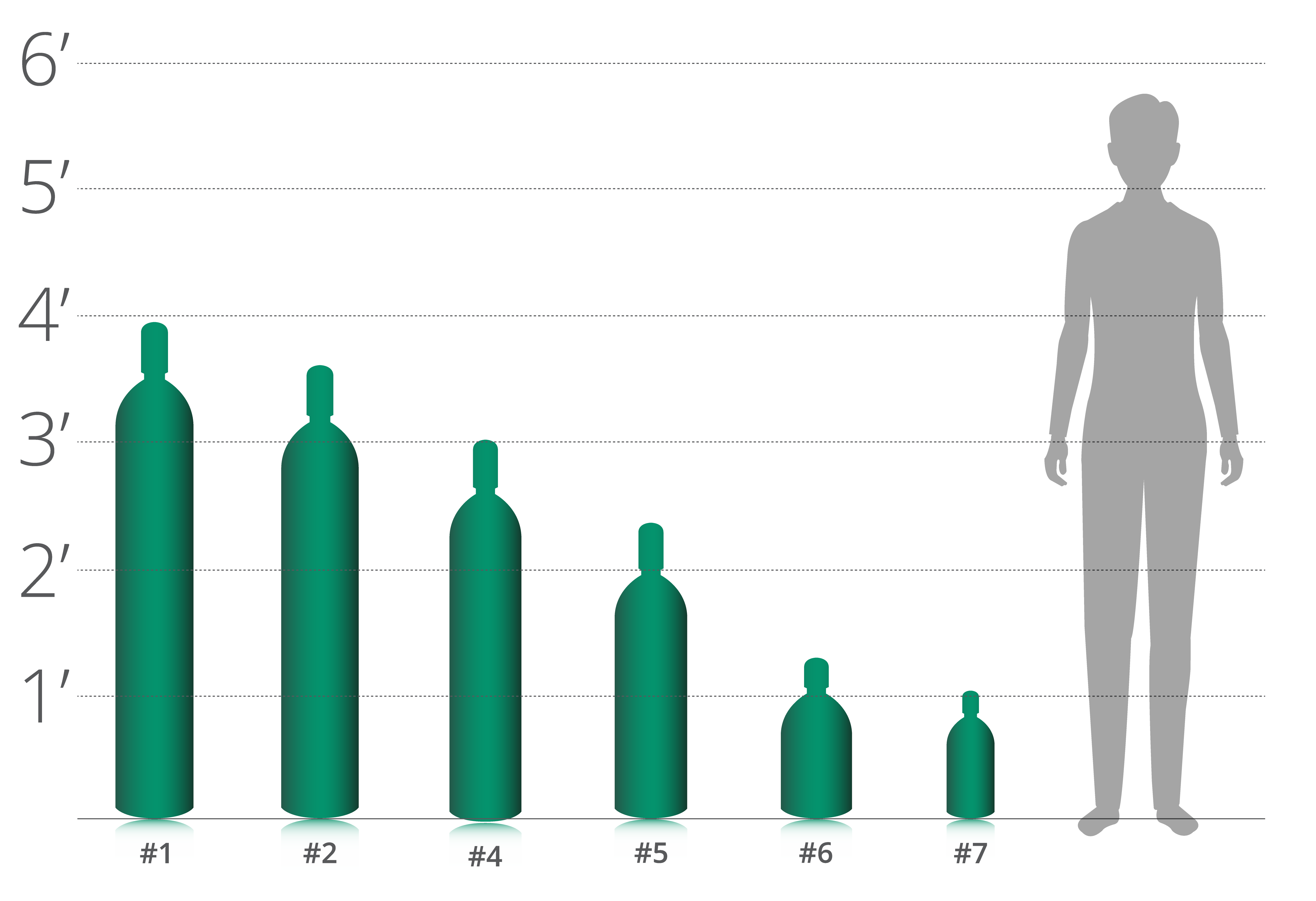 Chart comparing industrial hydrogen gas cylinder sizes with height measurements.