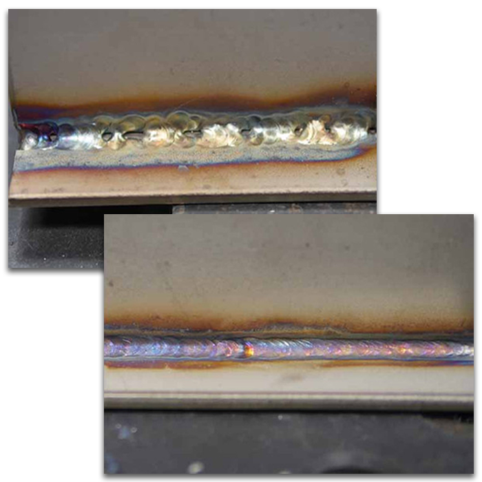 Comparison of a beginner students rough stainless steel weld on day one versus a smoother, consistent weld made after training.